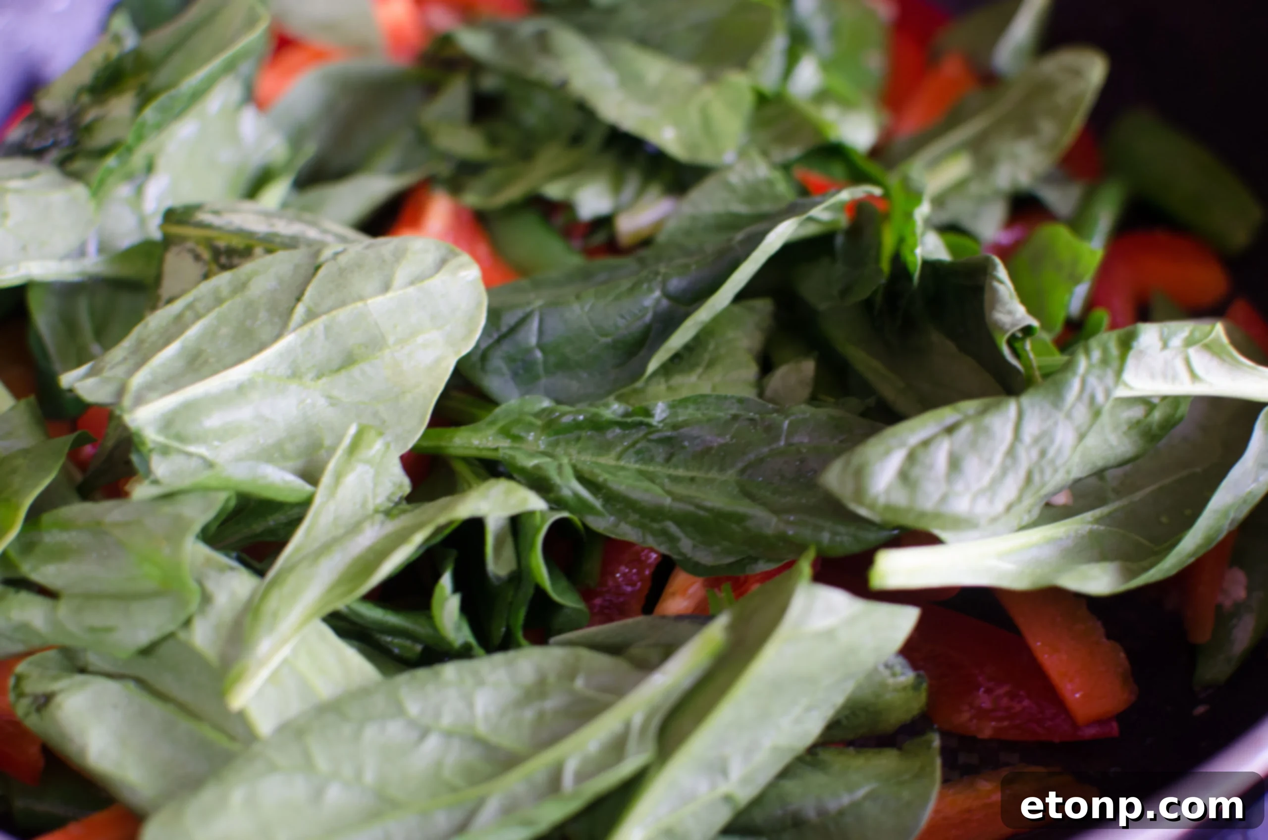 Adding fresh spinach to the lo mein ingredients