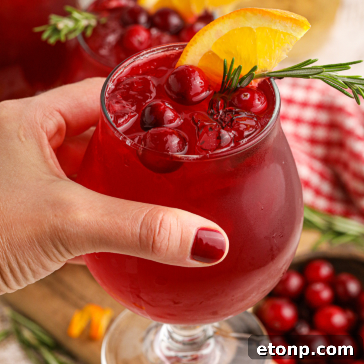 Elegant hand holding a glass of Cranberry Whiskey Sour