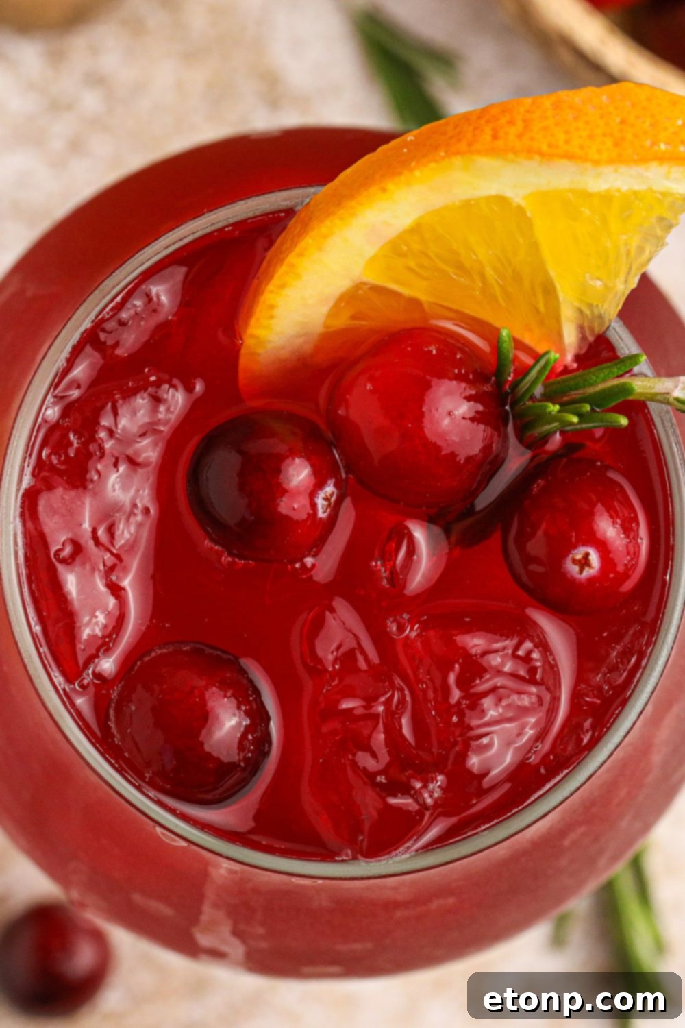 Overhead view of a cranberry cocktail in a glass with fresh cranberries and an orange slice