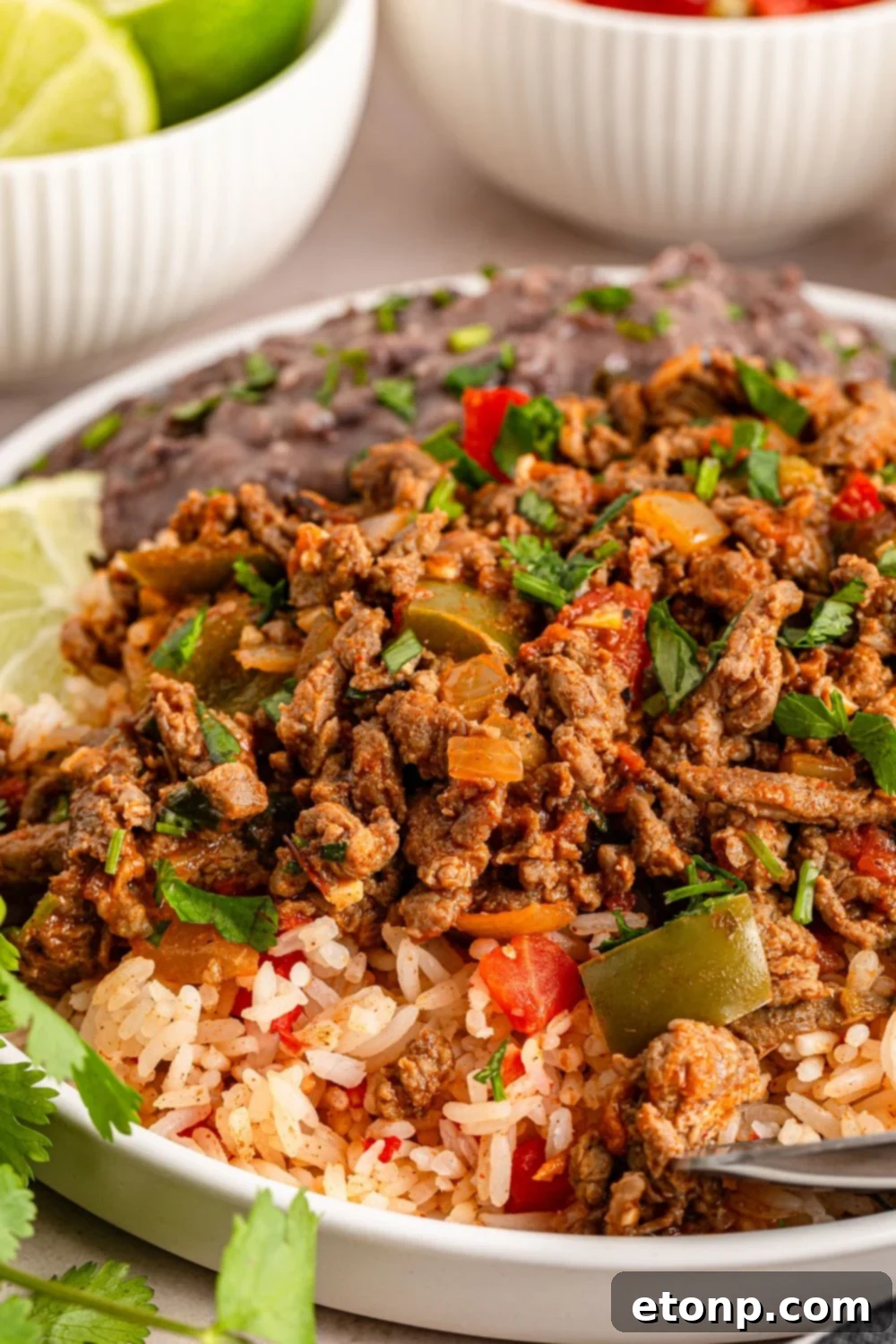 Ground Beef 11 Carne Picada with rice under it, a lime wedge, and beans on a plate