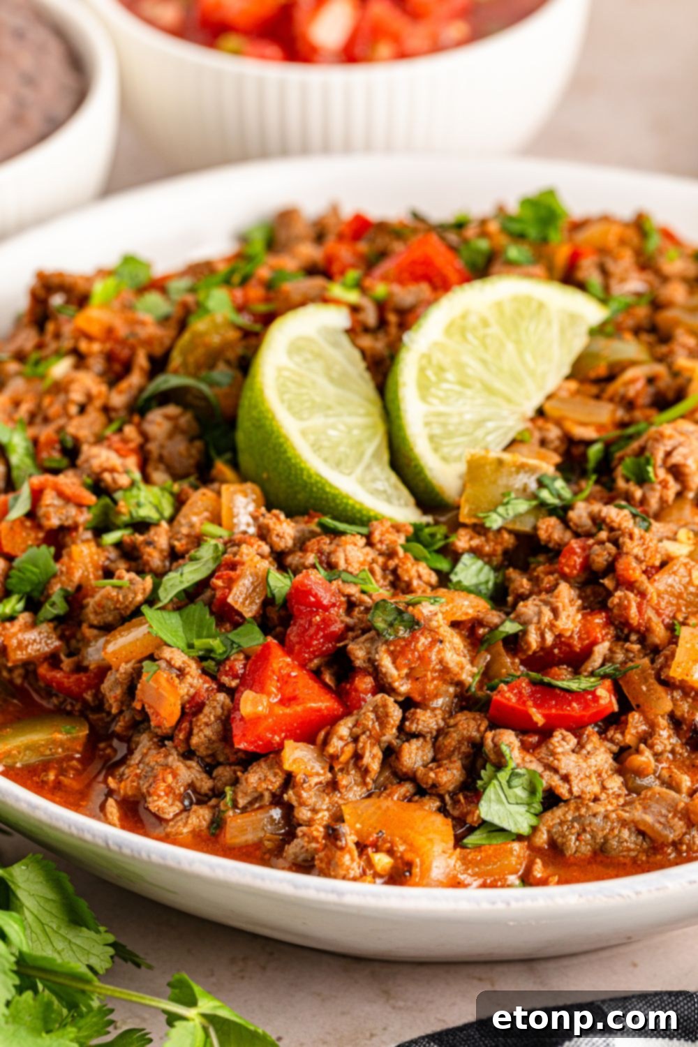 Ground Beef 18 Carne Picada in a large bowl with cilantro and lime on top sitting on a table