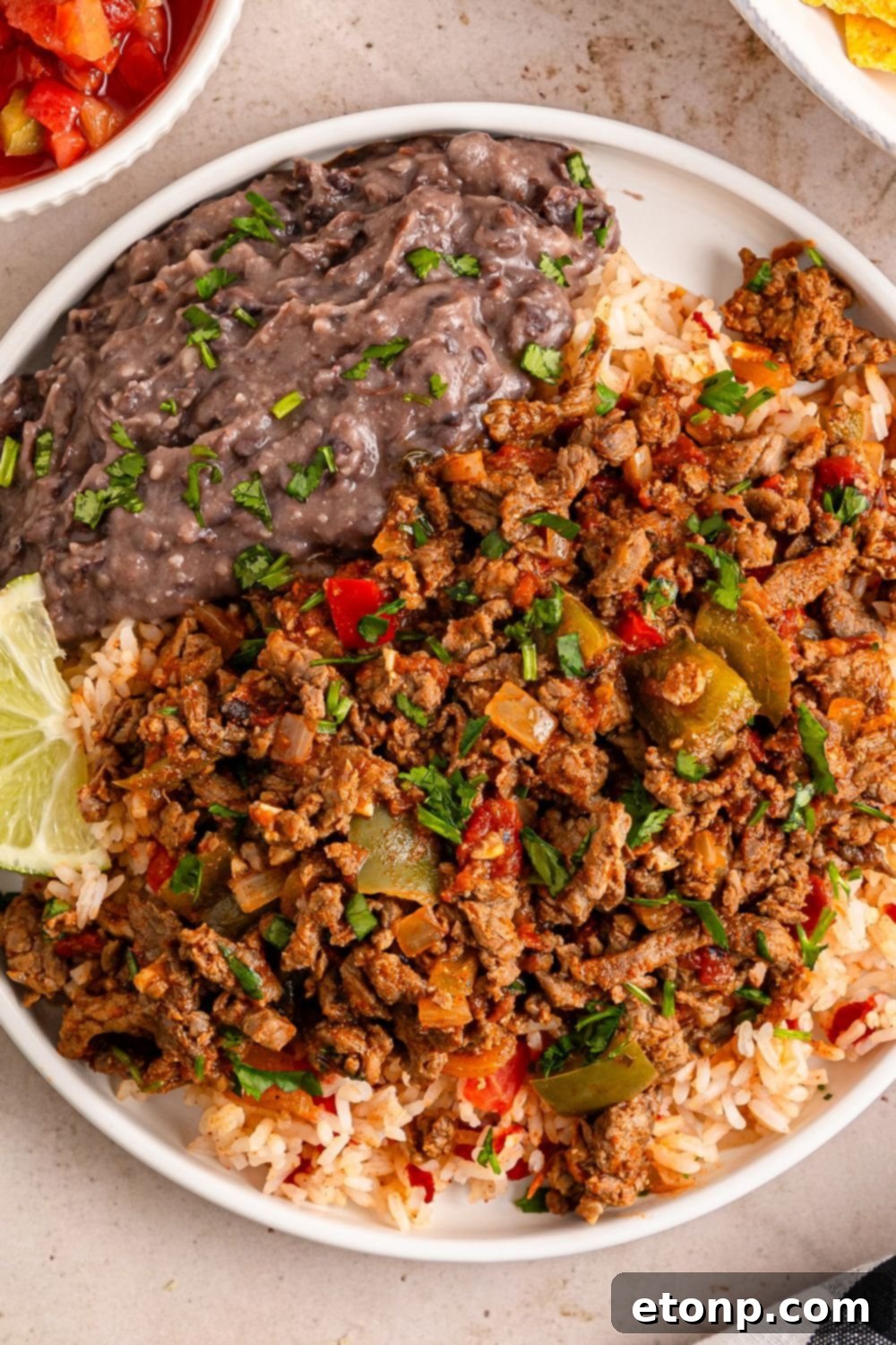 Ground Beef 10 Carne Picada on a plate with rice, and black beans and other ingredients to showcase the meal