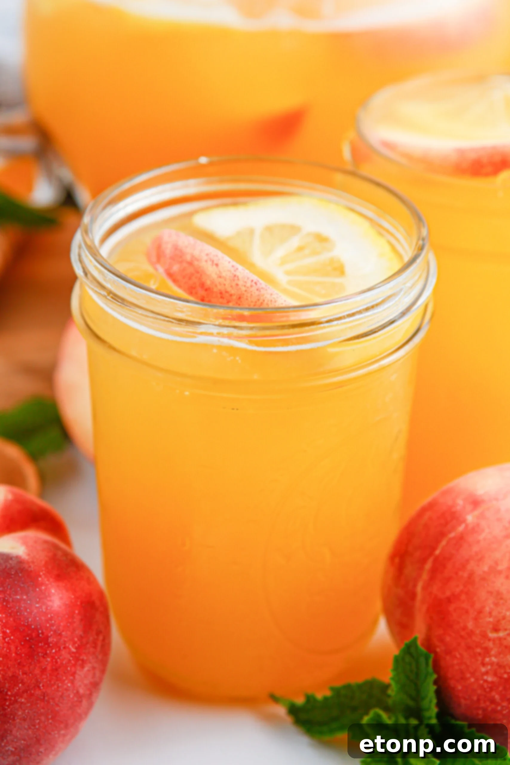 Fresh homemade Peach Lemonade in a mason jar glass, beautifully garnished with a peach slice and an orange slice. Ripe, juicy peaches are artfully arranged around the glass, signaling pure, natural refreshment.