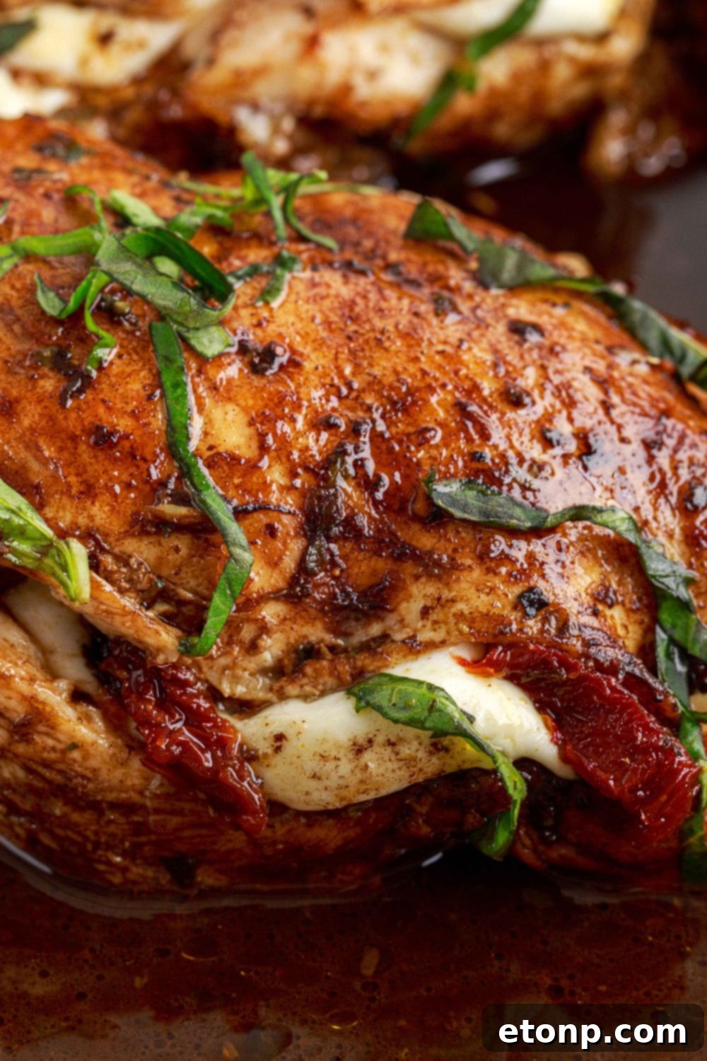 Caprese Stuffed Chicken on a plate, garnished with fresh herbs and balsamic glaze