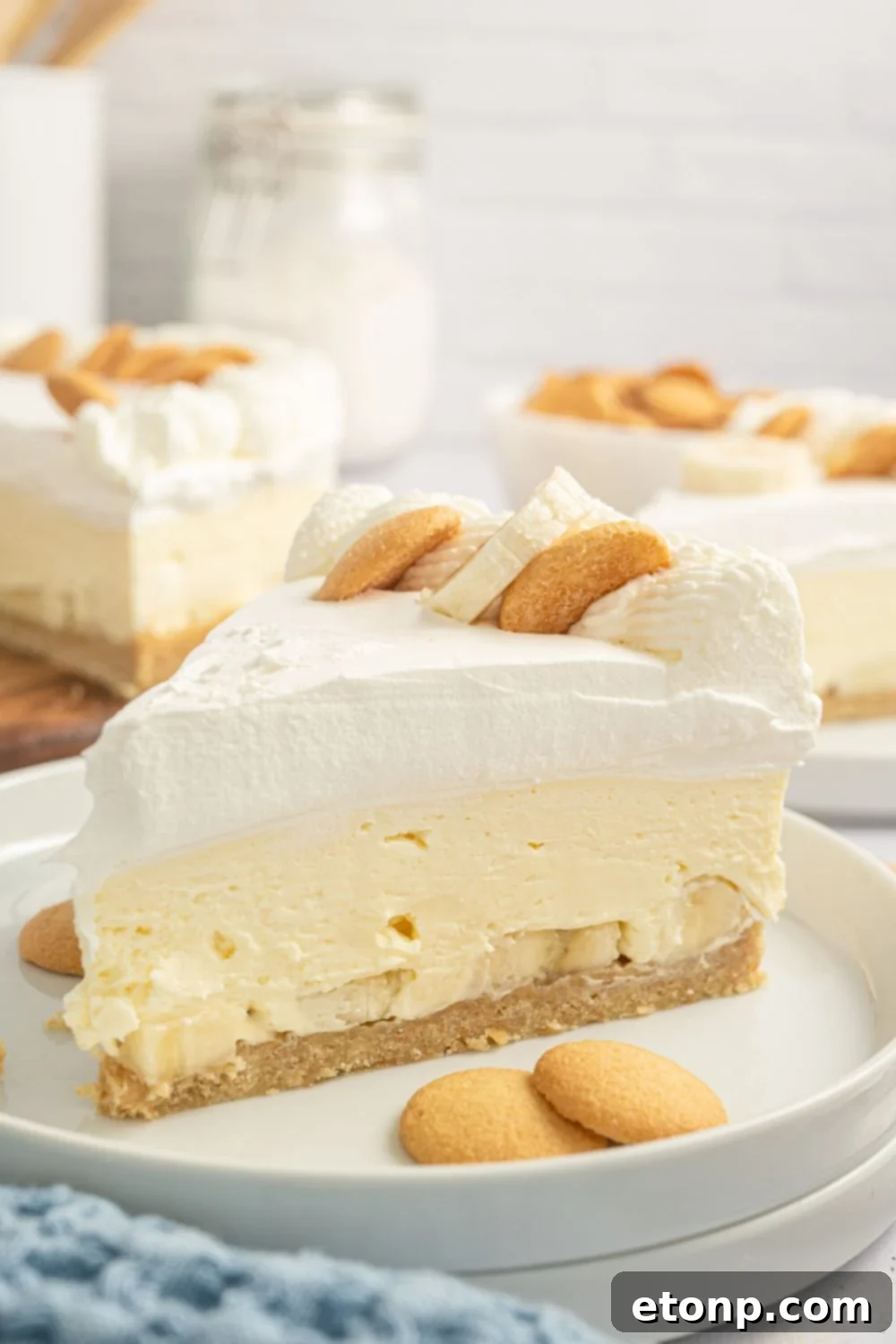 Dreamy No Bake Banana Pudding Cheesecake 2 Close up of a slice of No-Bake Banana Pudding Cheesecake on a white plate, surrounded by vanilla wafers.