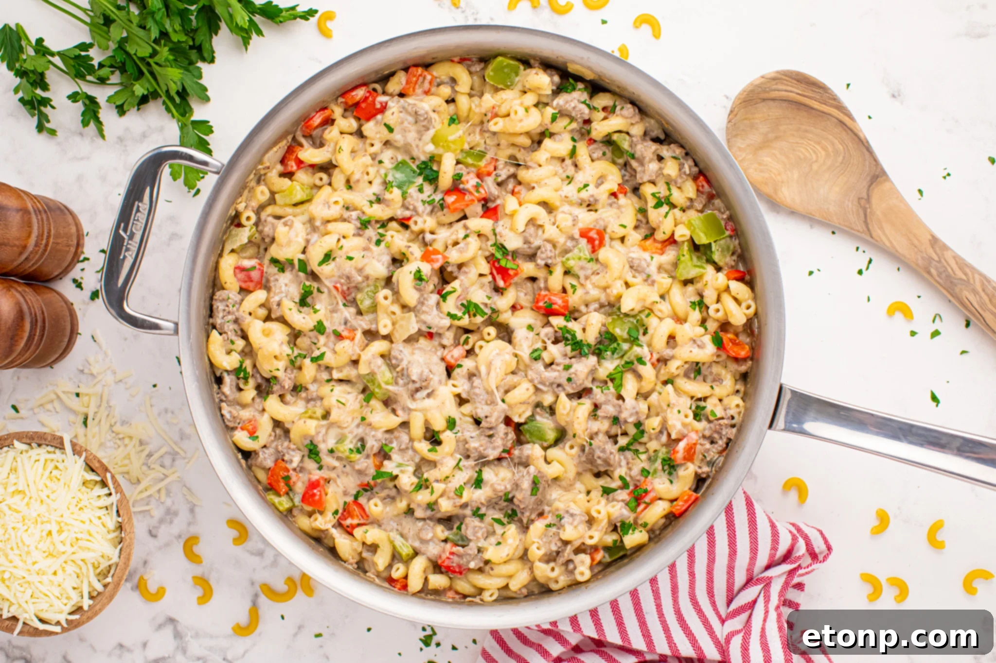 Philly Cheesesteak Pasta in a skillet on the table 
