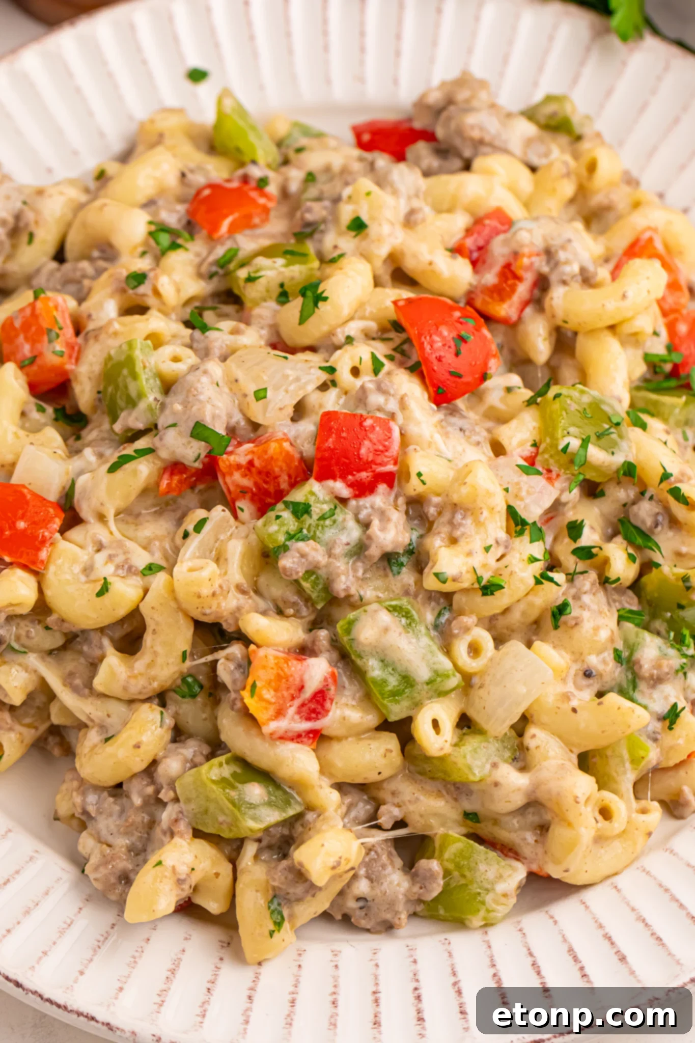 cheese steak pasta on a plate with parsley and cheese around the plate on table