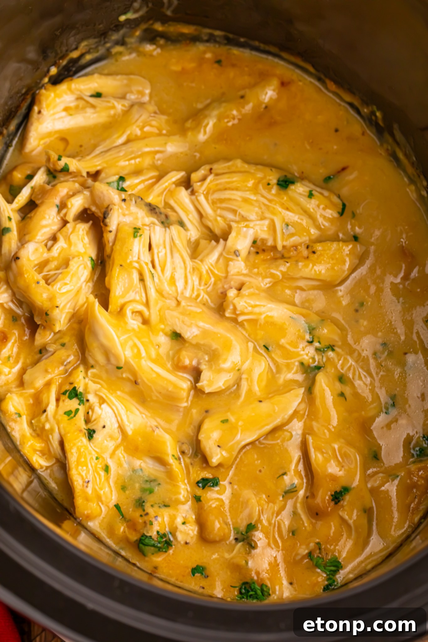 overhead look of shredded chicken and gravy in a slow cooker