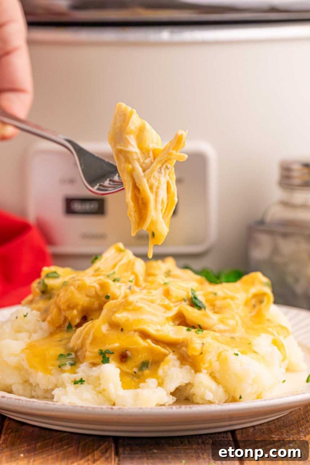plate with chicken, gravy, and mashed potatoes on it. A fork with meat is being lifted above the plate 