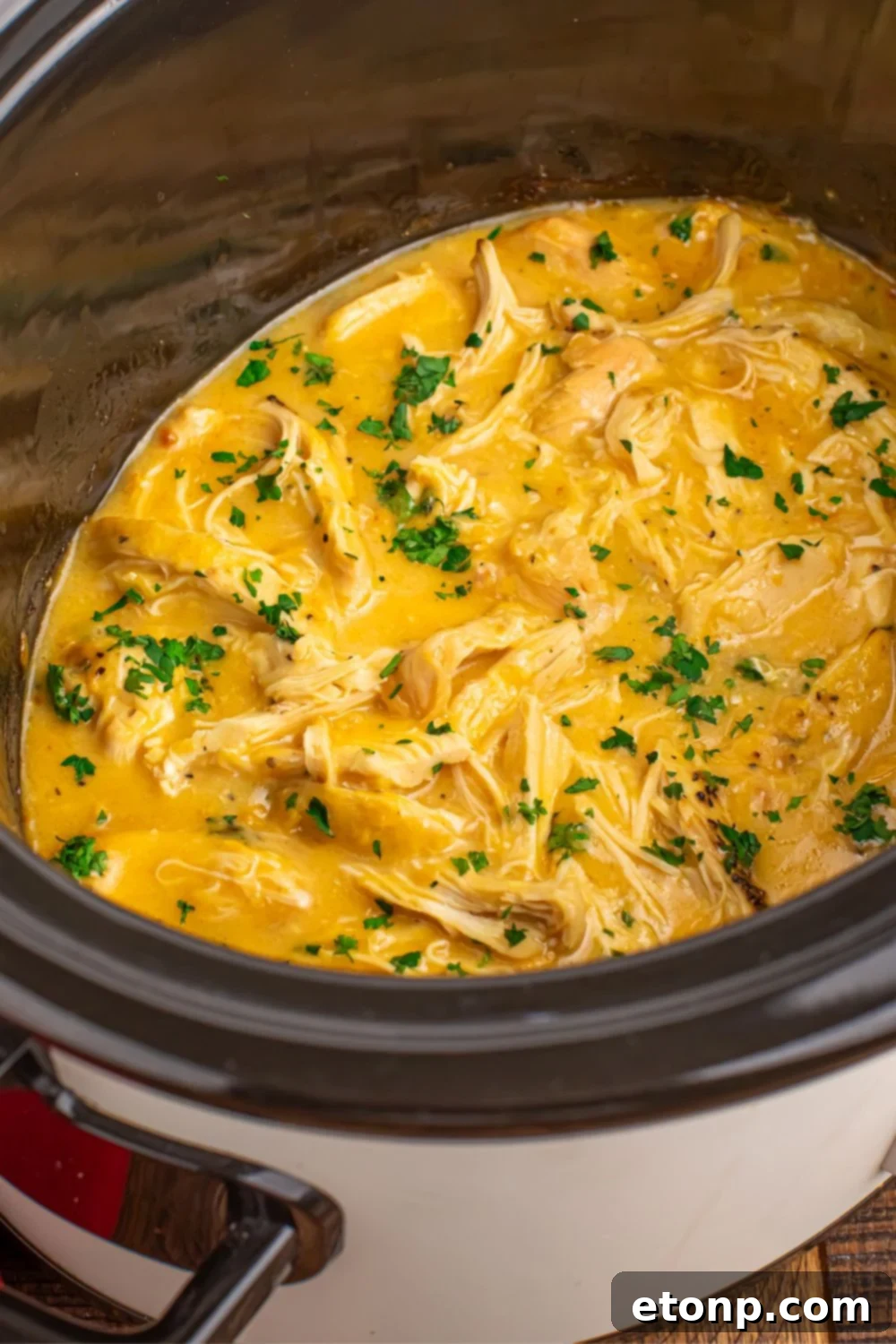 side view of a Crock Pot with Chicken and Gravy it in sitting on table