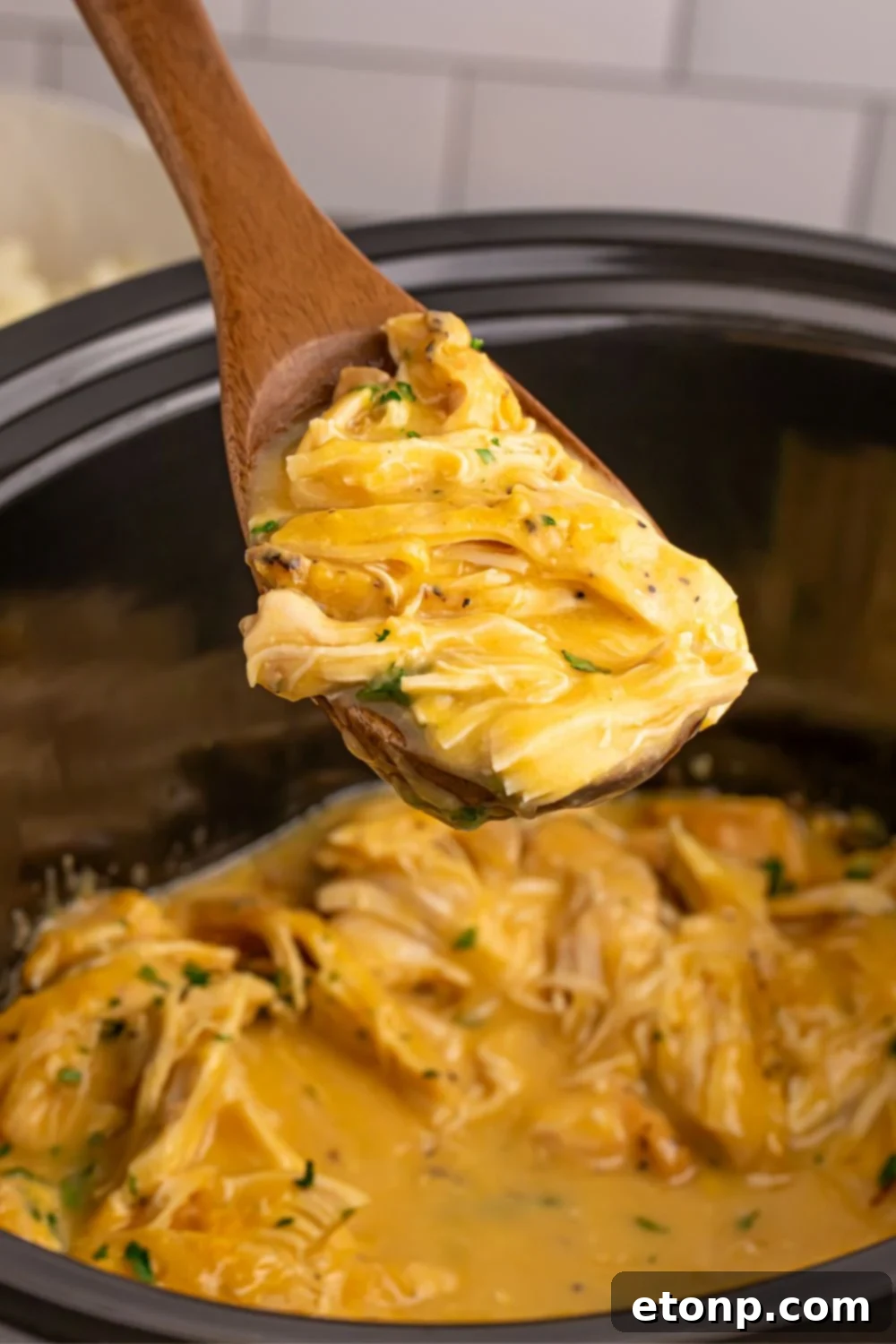 Chicken and Gravy in a crockpot with a wooden spoon full of chicken and gravy 