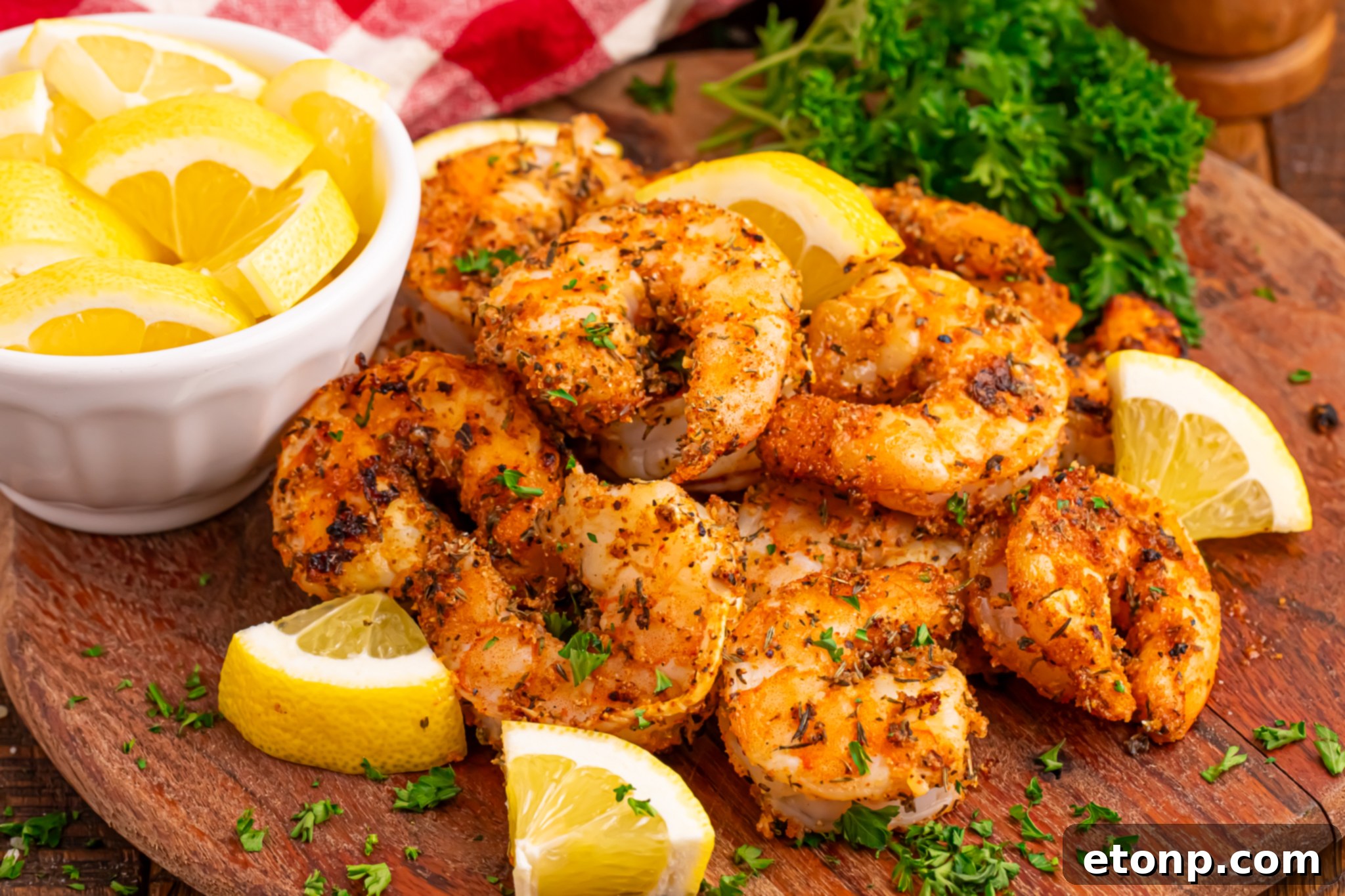 A bountiful bowl of cooked Cajun shrimp, surrounded by fresh lemon halves and fragrant herbs, creating an enticing display of a flavorful meal.