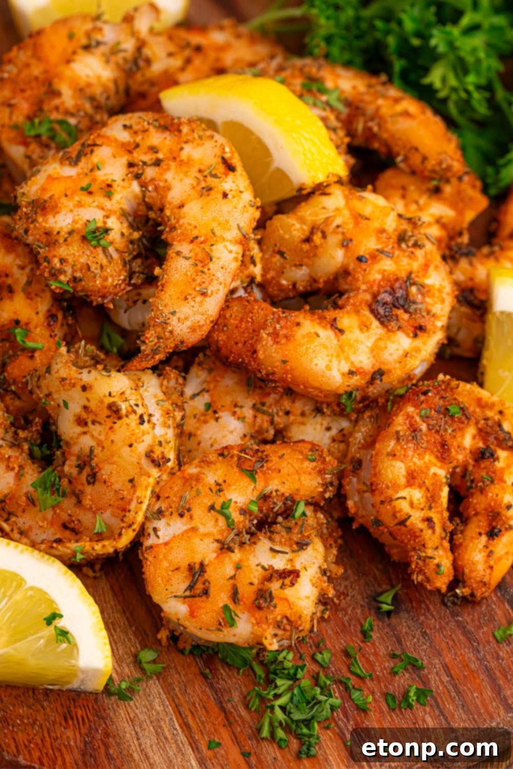 Delicious Cajun grilled shrimp beautifully arranged on a wooden cutting board, accompanied by fresh lemon halves, signifying a ready-to-serve meal.