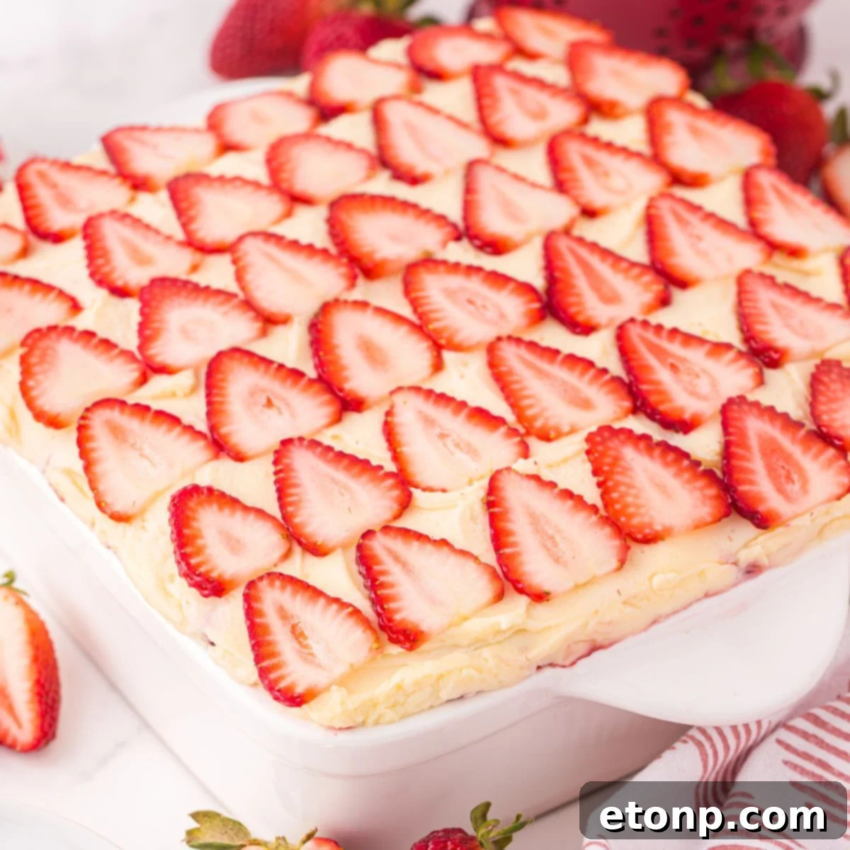 Strawberry Dream Tiramisu 3 A square pan filled with layers of Strawberry Tiramisu, ready to be chilled.