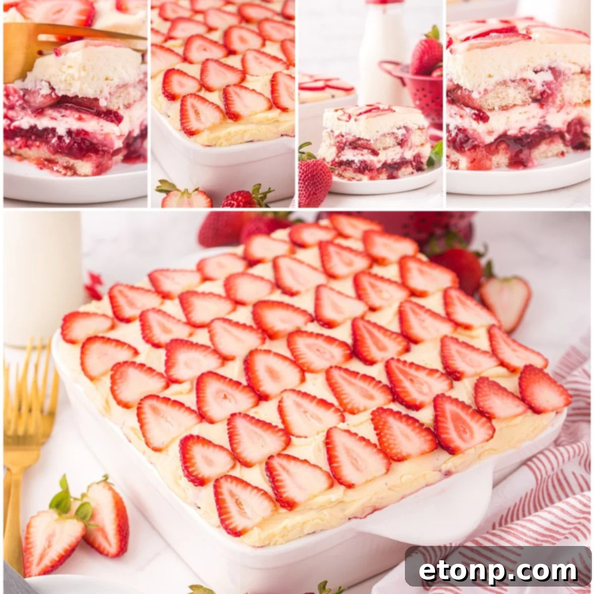 Strawberry Dream Tiramisu 5 A collage featuring various close-up shots of the Strawberry Tiramisu, highlighting its vibrant color and creamy layers.