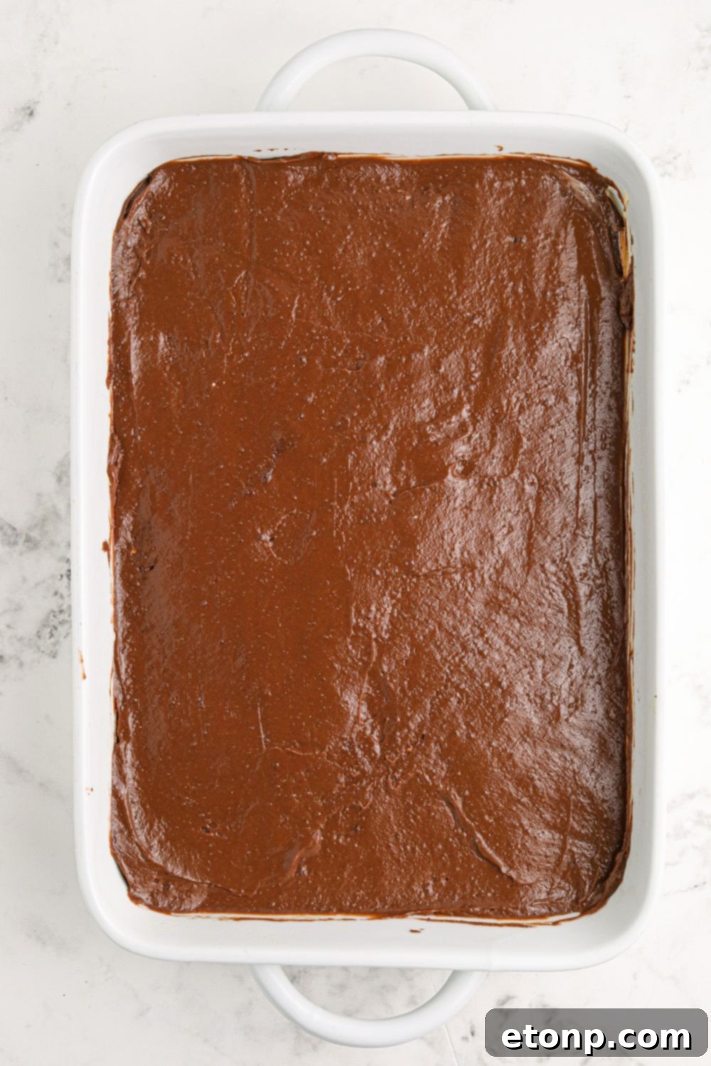 Reese's Peanut Butter Bliss Stack 11 A 9x13 inch pan filled with the smoothly spread chocolate pudding layer for the Reese's Lasagna.