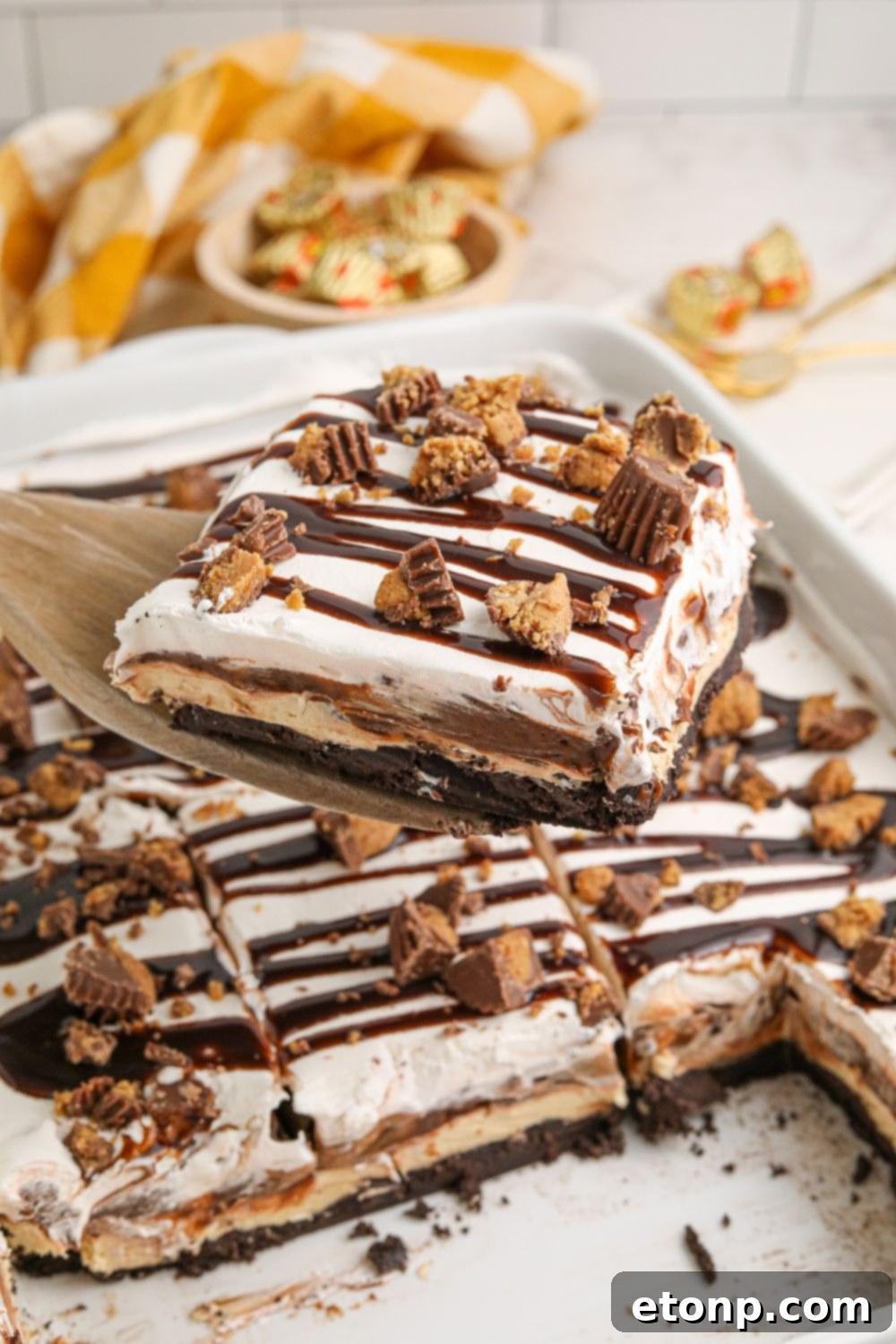 Reese's Peanut Butter Bliss Stack 18 A stunning full view of the finished Reese's Lasagna, expertly prepared and ready for enjoyment.