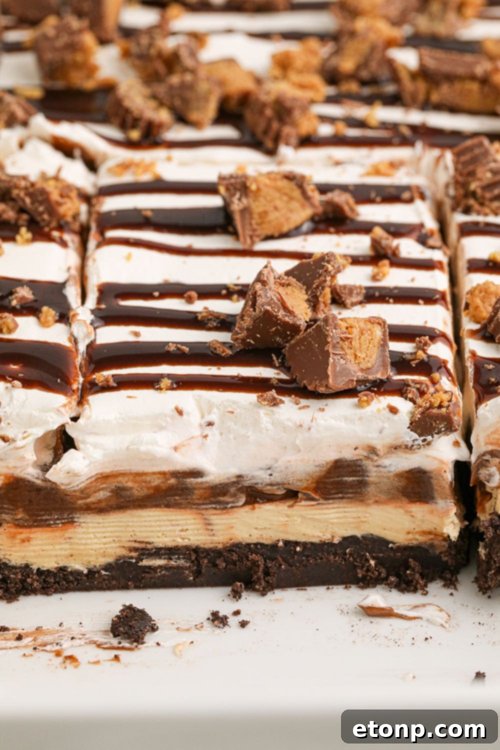 Reese's Peanut Butter Bliss Stack 19 Reese's Lasagna presented in a white casserole pan, with a few slices already taken, indicating its popularity.