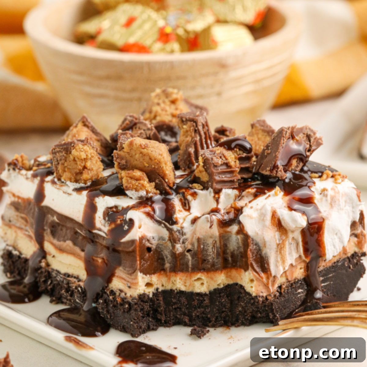 Reese's Peanut Butter Bliss Stack 3 A perfectly portioned slice of Reese's Lasagna on a plate, highlighting its smooth, distinct layers.