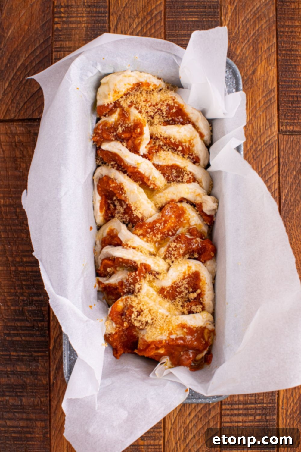Golden Pumpkin Blossom Bread 9 Pumpkin Pie Pull Apart Bread in pan with the crumble on top