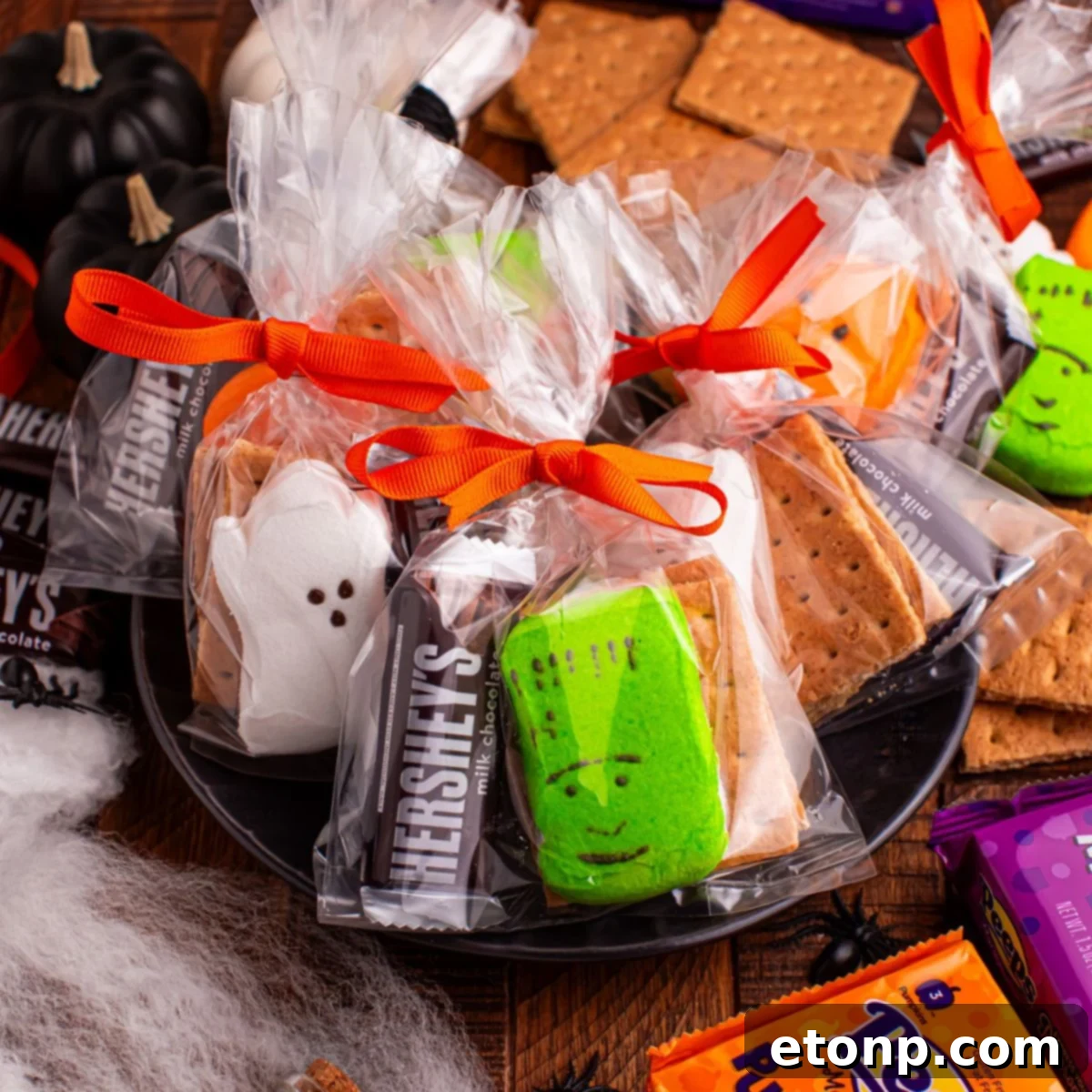 Spooky Smores Treat Packs 2 Halloween Smores Gift Bags in a Halloween bowl on table