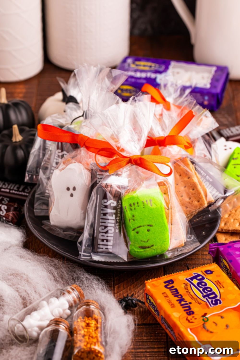 Spooky Smores Treat Packs 12 Halloween Smores Gift Bags on a plate with fake spider web and bags of marshmallows on table around to show ingredients in bags