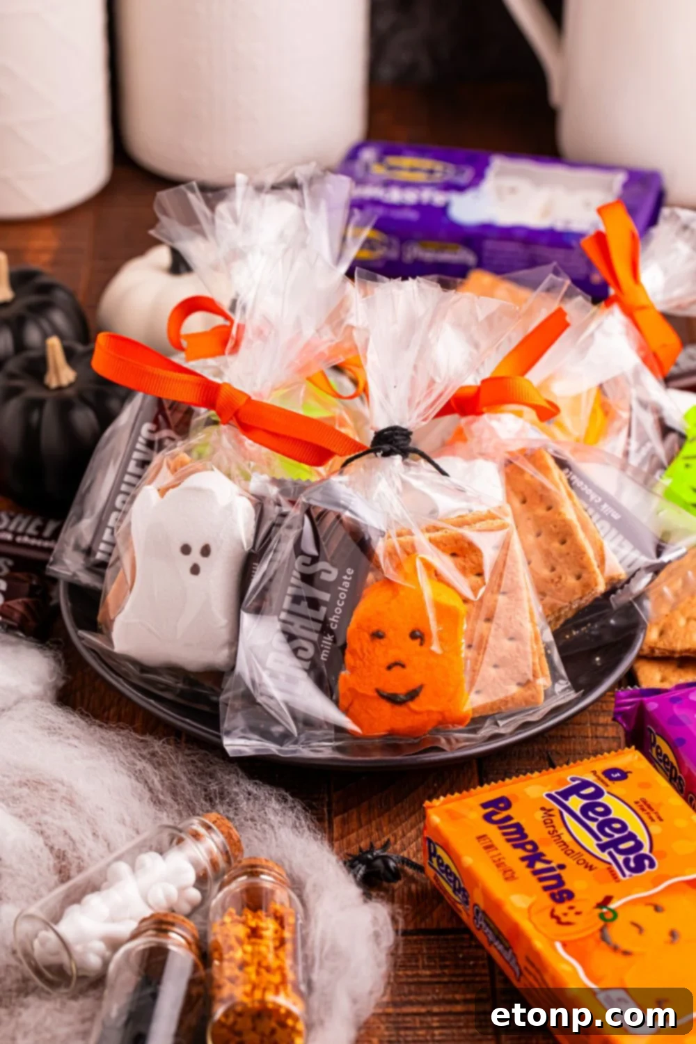 Spooky Smores Treat Packs 14 Halloween Smores Gift Bags on table with candy and other items around it to show items in each of the treat bags