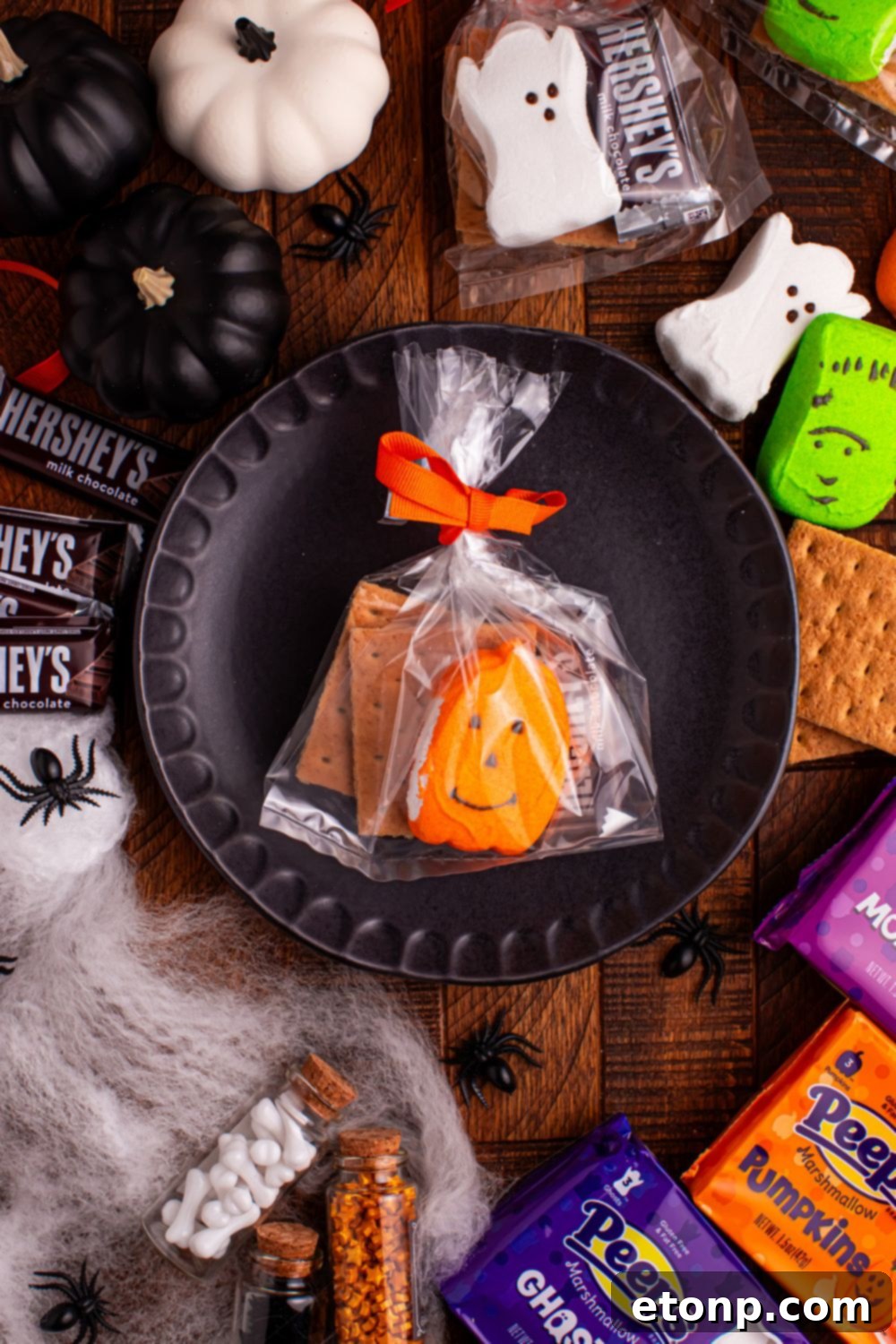 Spooky Smores Treat Packs 8 Halloween Smores Gift Bag on a plate on table with marshmallows and chocolate around it on table