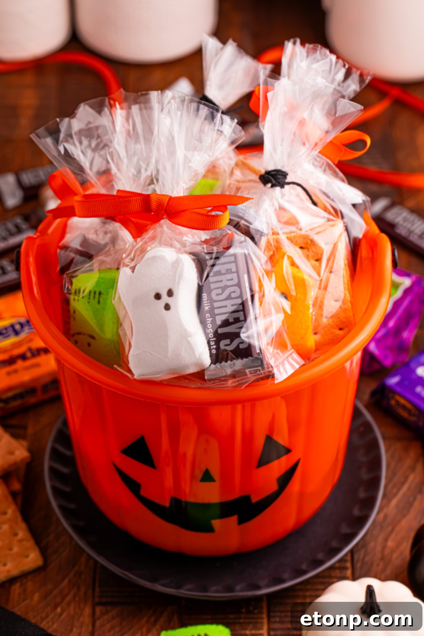 Spooky Smores Treat Packs 10 Halloween Smores Gift Bags in a Halloween bucket on table