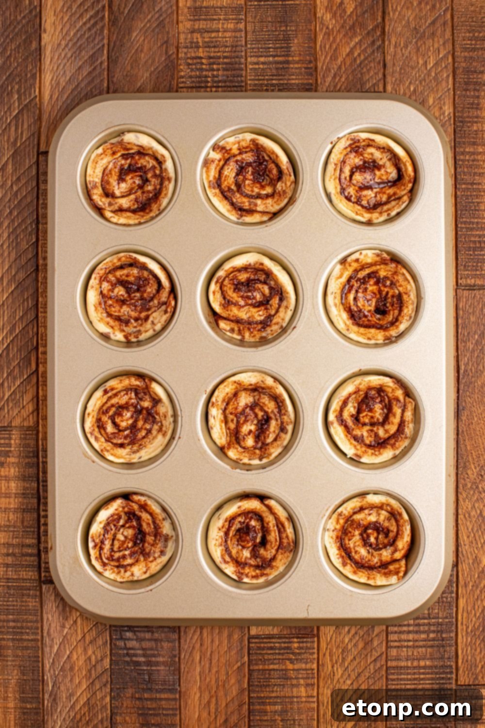Cinnamon rolls neatly pressed into the cups of a muffin tin, forming the base for the pumpkin pie filling.