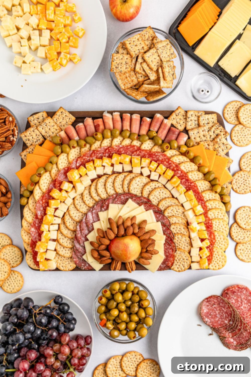 Turkish Mezze Spread 9 A wider view of the Turkey Snack Board assembly in progress, showing the gradual filling of the platter with various components.
