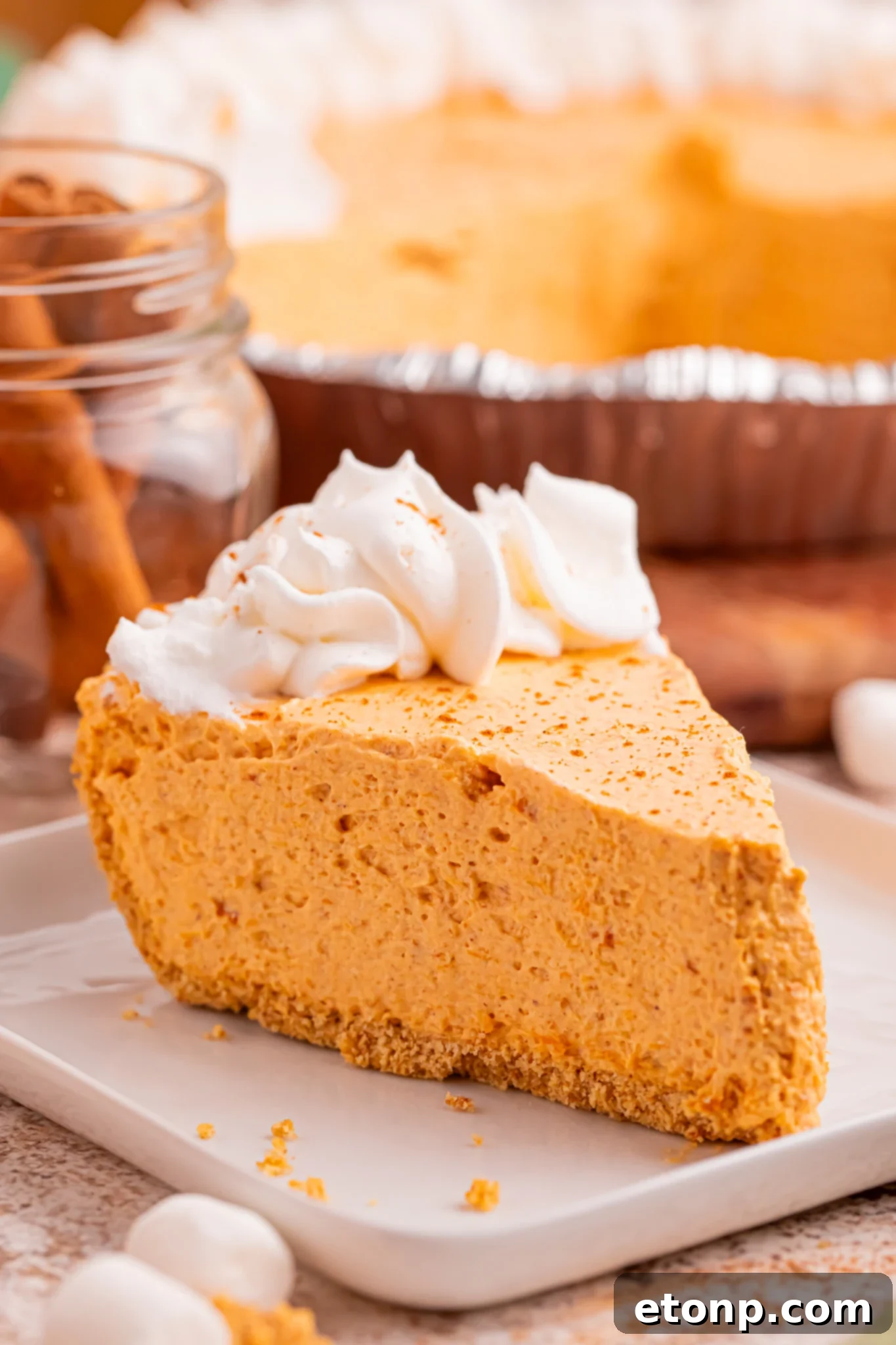 A close-up side profile of a perfectly cut slice of Marshmallow Pumpkin Pie, highlighting its distinct layers of airy pumpkin filling and golden-brown graham cracker crust, presented on a pristine white plate.