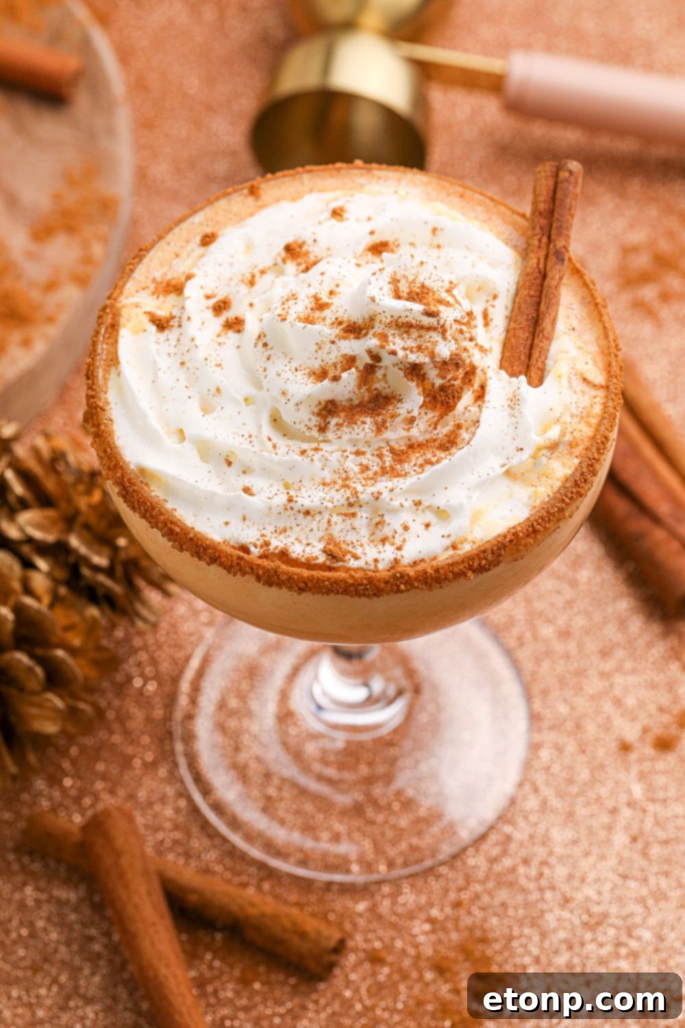 close up of a Pumpkin Pie Martini on table with a cinnamon stick and whipped cream topped on the cocktail with cinnamon sticks on table 