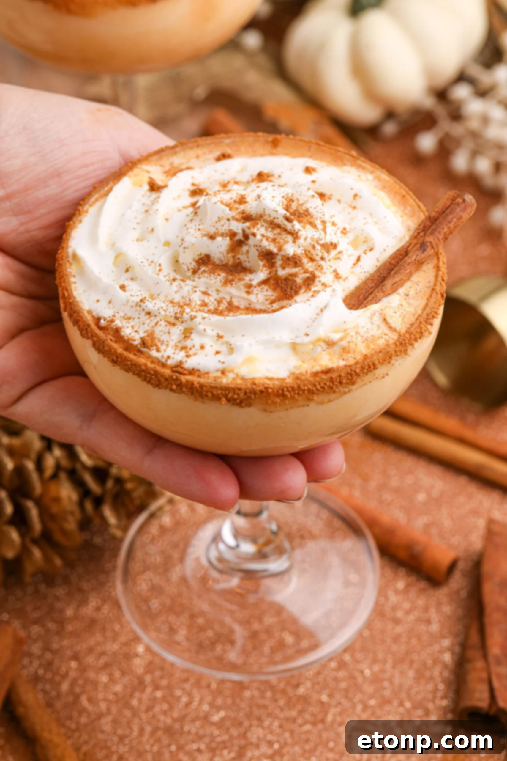 A hand holding up a glass of Pumpkin Pie Martini