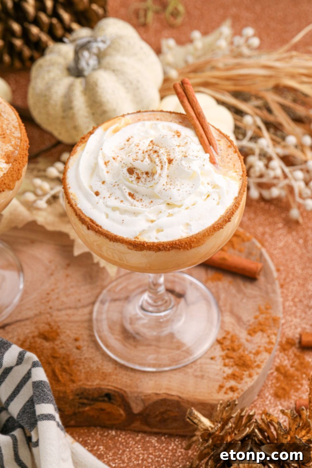 pumpkin martini in a glass sitting on a table with fall decor around it 