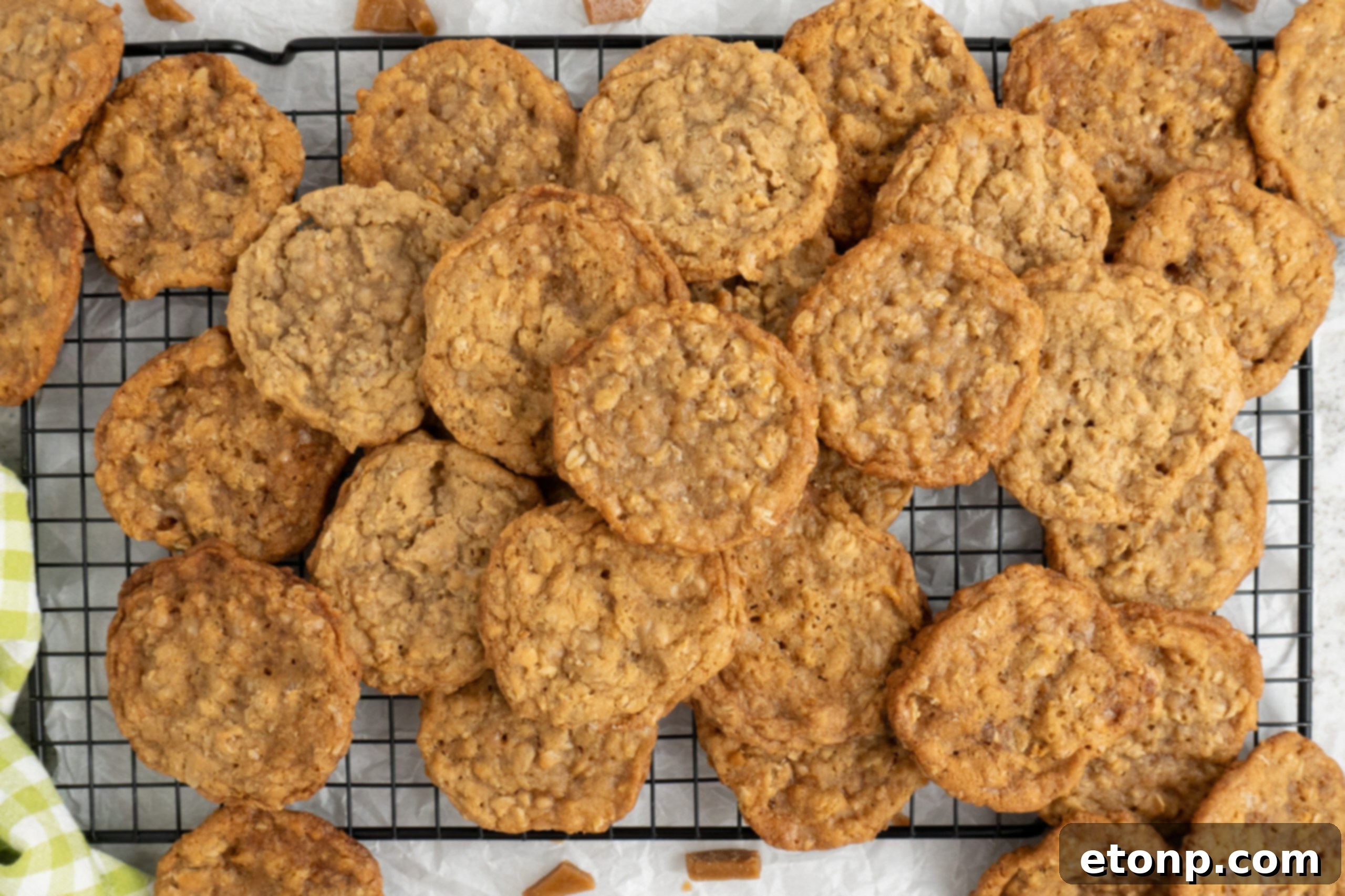 Chewy Toffee Oatmeal Cookies 17 Approximately two dozen Oatmeal Toffee Cookies neatly spread out on a wire baking rack, highlighting a bountiful batch ready for enjoyment.