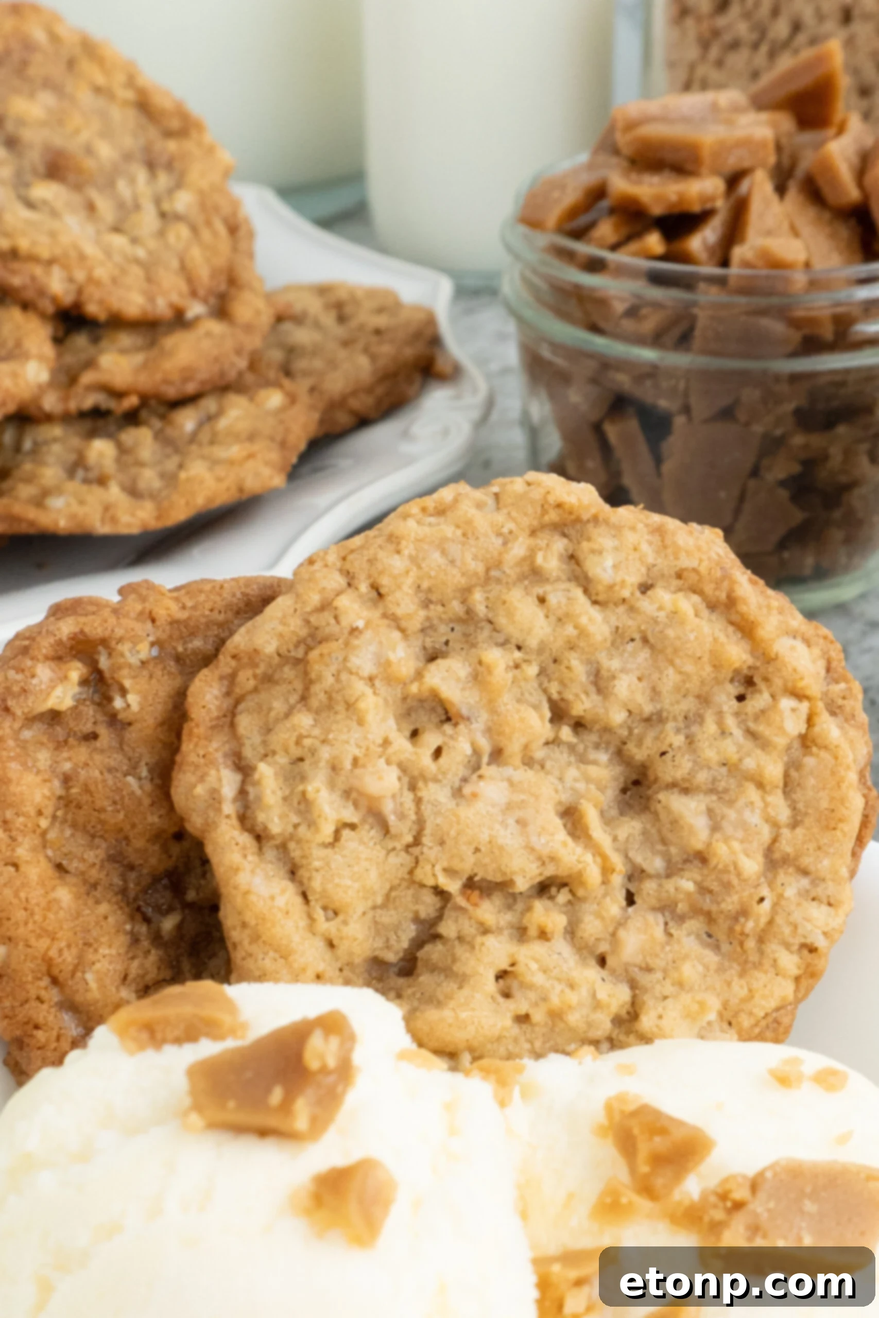 Chewy Toffee Oatmeal Cookies 19 An extreme close-up of an Oatmeal Toffee Cookie, highlighting its rich texture, visible oat flakes, and embedded toffee pieces.