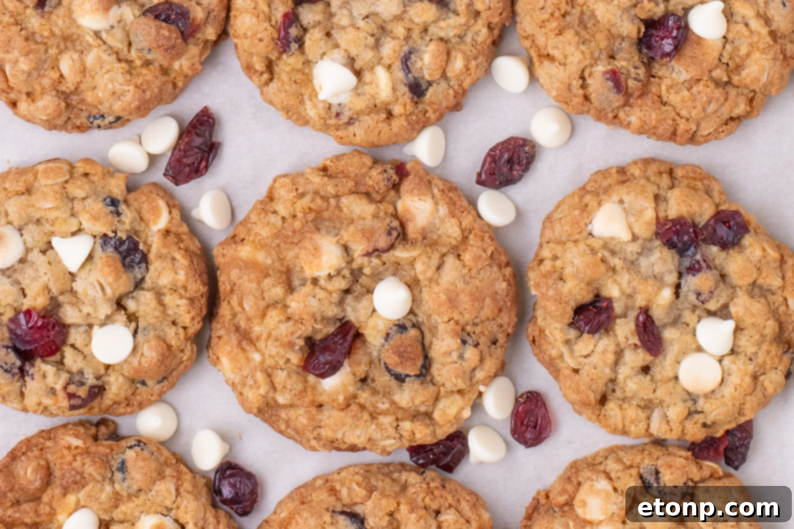 White Chocolate Cranberry Oatmeal Cookies placed spread out on counter 