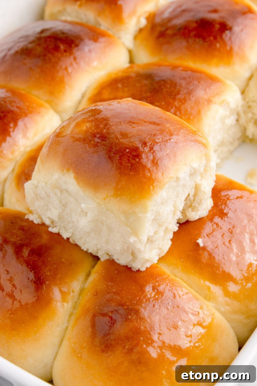 Hawaiian Dinner Rolls in a pan with one sitting on top of the pan to show the fluffy texture