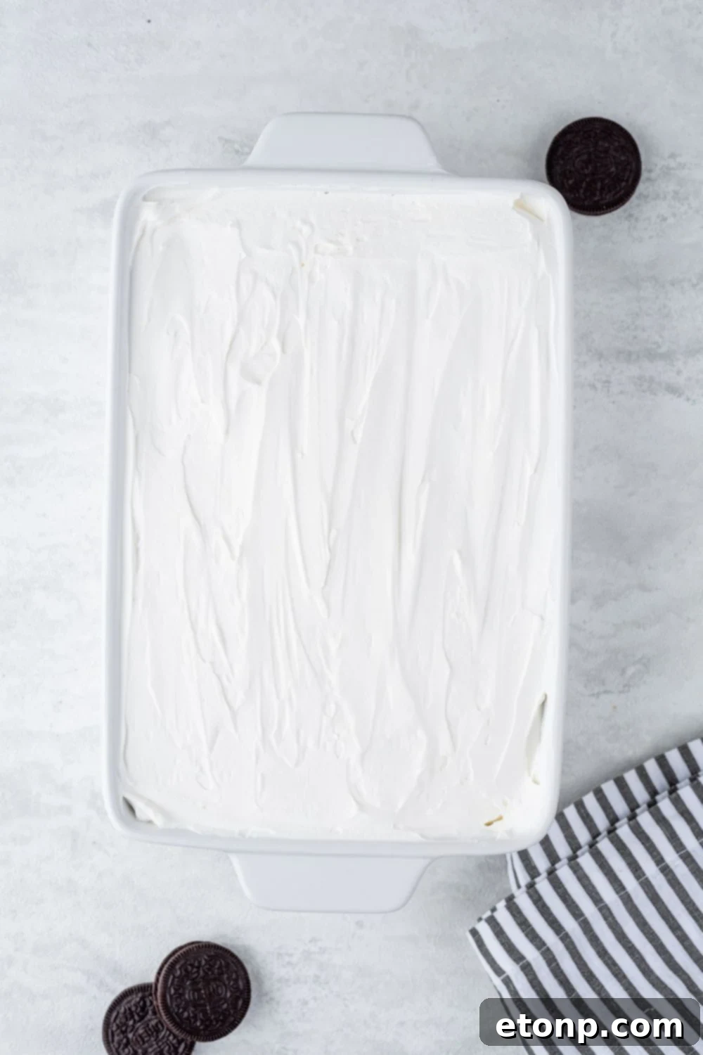 Decadent Chocolate Oreo Dream 10 overhead look of Chocolate Oreo Lush in a casserole pan