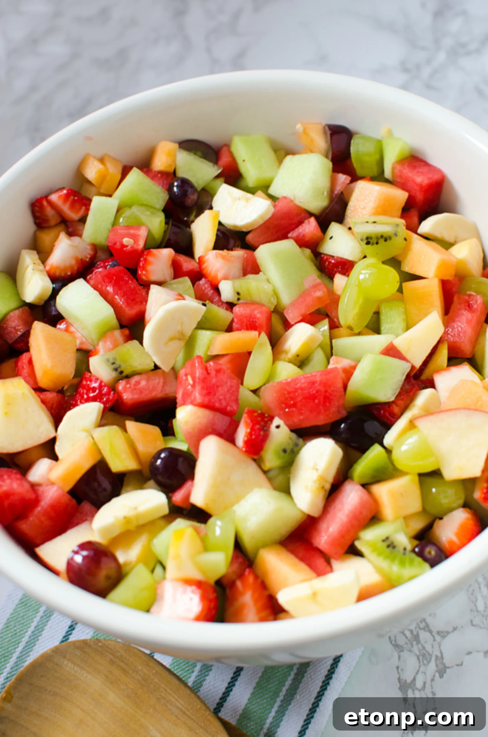 Beautifully arranged fruit salad, showing off the perfectly prepared ingredients