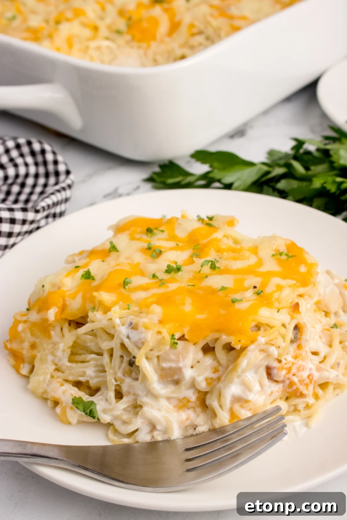 Chicken Tetrazzini on a plate with more in a casserole dish behind it on table 