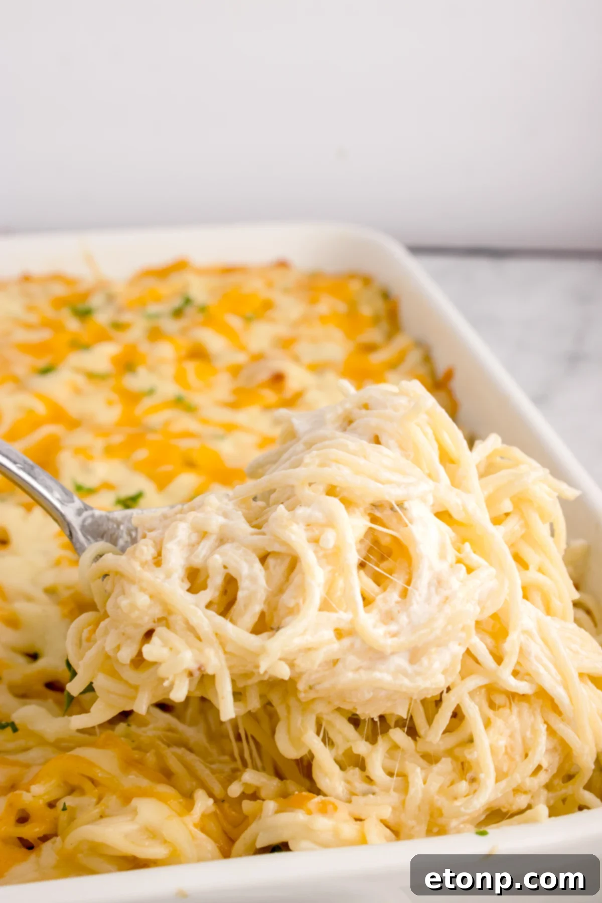 Chicken Tetrazzini in a casserole dish with a fork lifting up a big bite