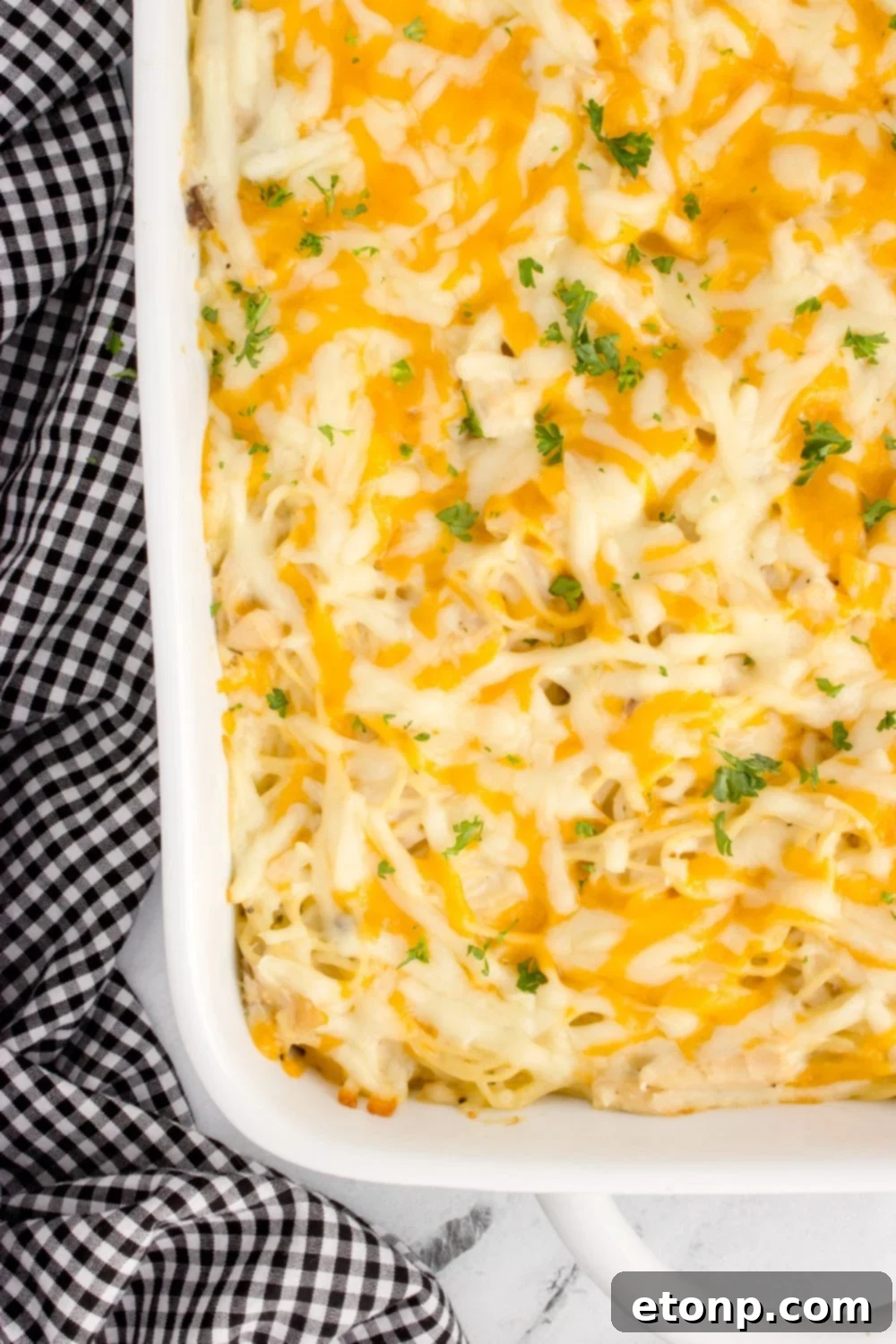 overhead look of chicken tetrazzini in pan on table 