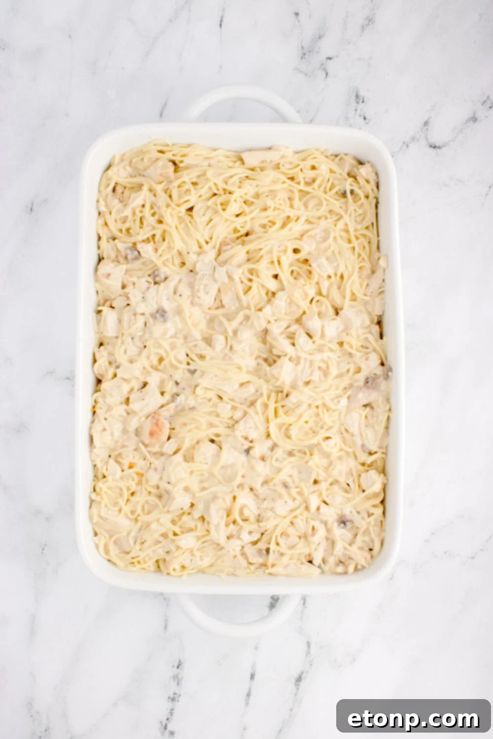 uncooked chicken tetrazzini in pan
