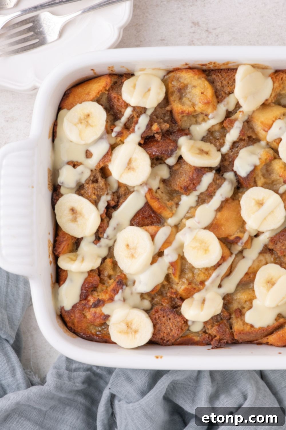 overhead look of Banana Bread Pudding in a pan 