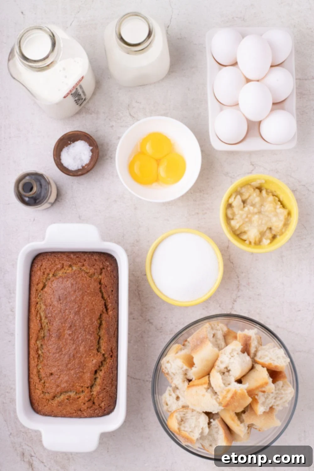 Banana Bread Pudding ingredients in single serve containers on the table 