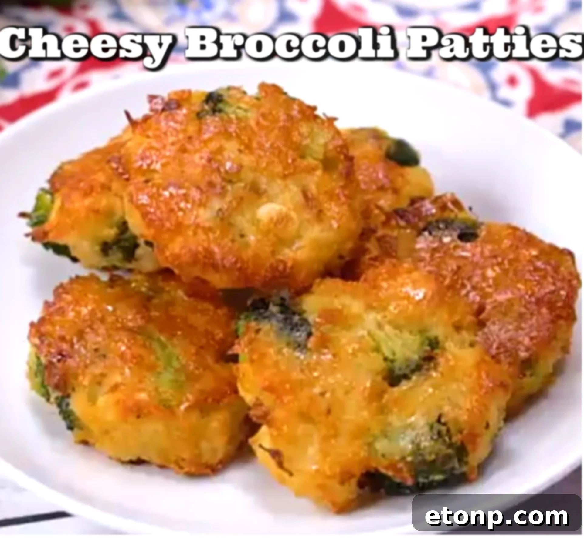A beautifully presented plate of golden-brown cheesy broccoli patties