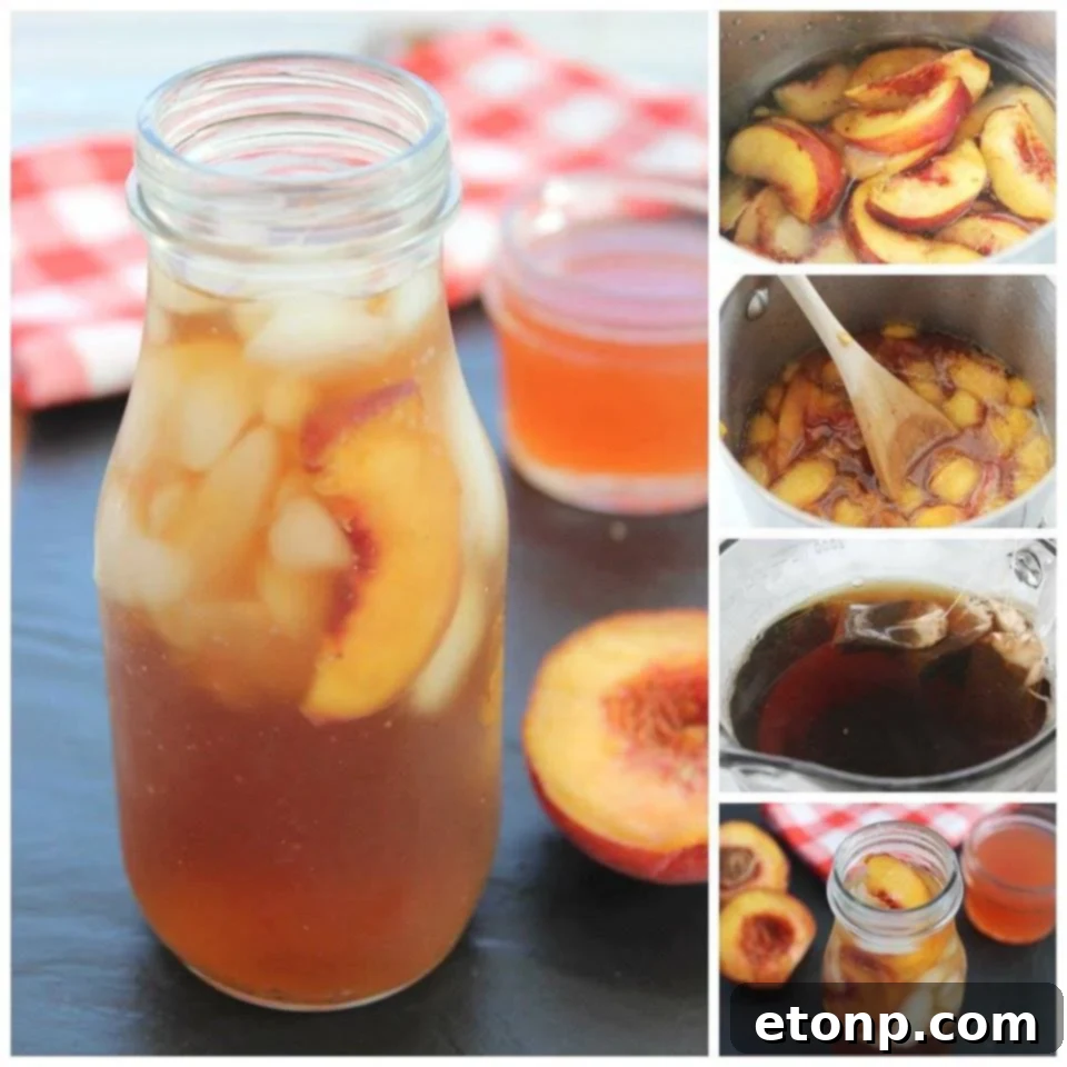 Glass of homemade peach tea with fresh peach slices and ice