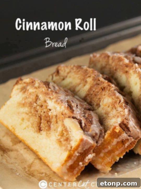 Slice of quick and easy cinnamon roll bread with glaze
